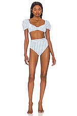 CAROLINE CONSTAS Zoe Bikini Top In White Blue Toile Stripe REVOLVE