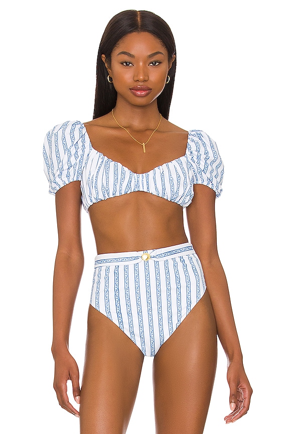 Caroline Constas Zoe Bikini Top In White Blue Toile Stripe Revolve