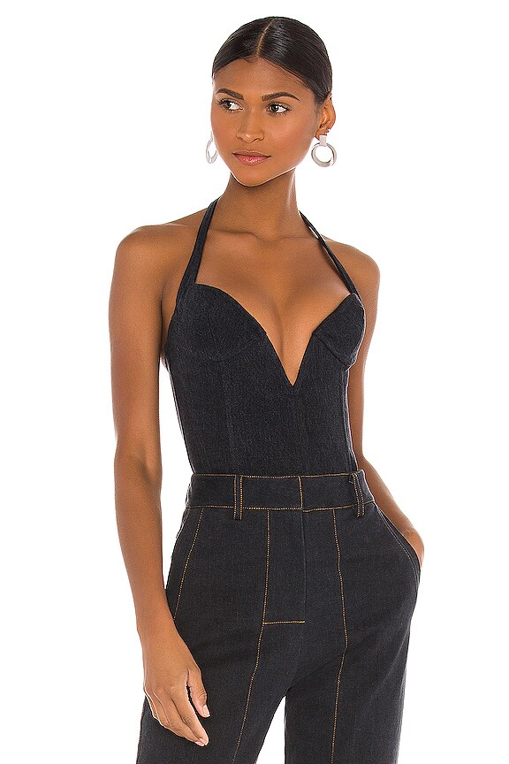 Laquan Smith X Jordache Plunging Halter Top In Black Denim Revolve