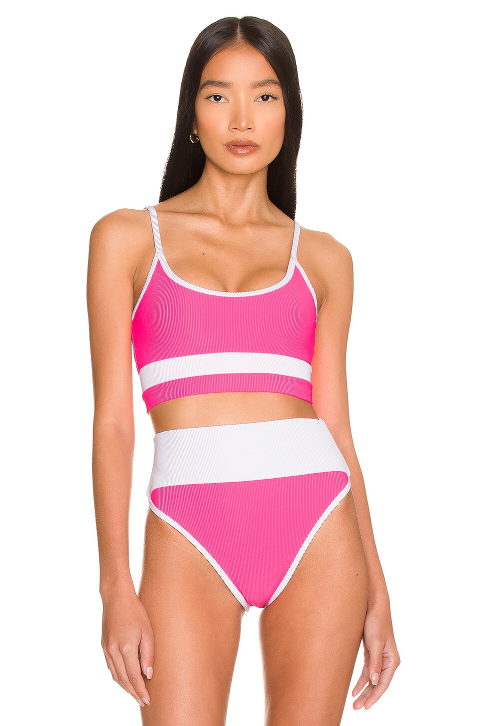 Beach Riot Eva Bikini Top In Neon Pink White Revolve