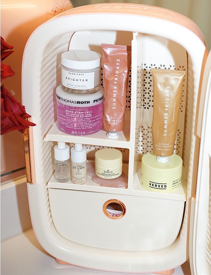 A variety of beauty skincare products fill a beauty refrigerator. Shop Skincare Must-Haves.