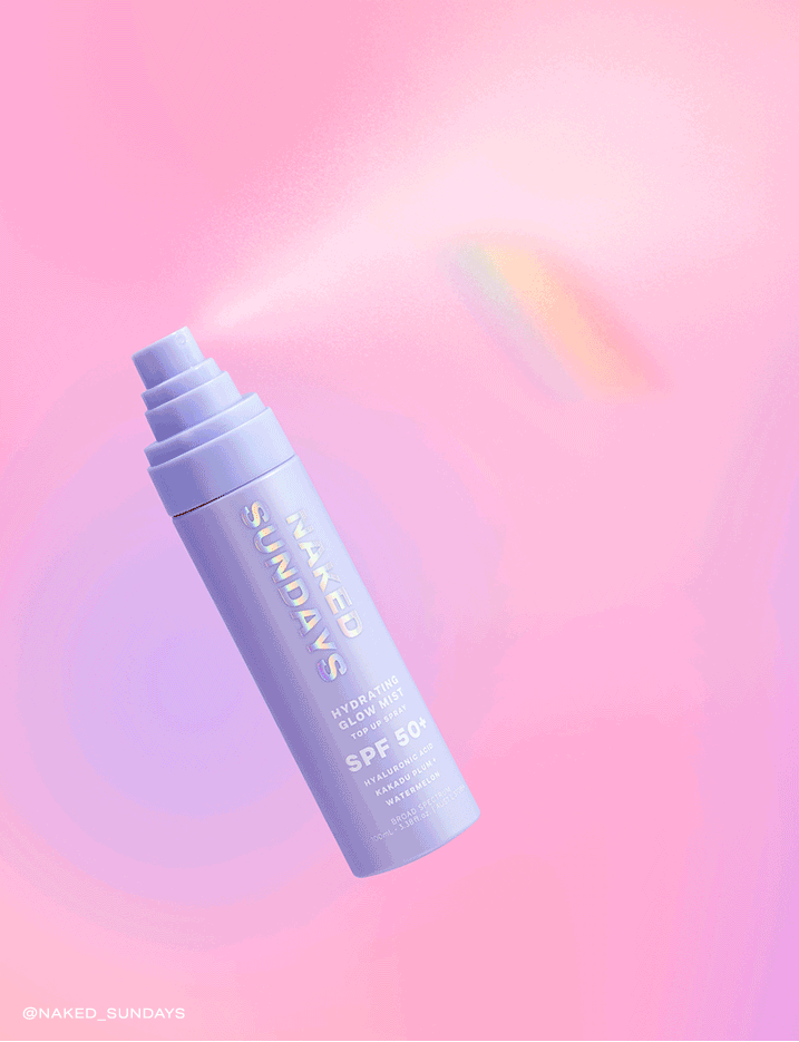 Naked Sundays skincare and makeup products flashing against a pink purple background.