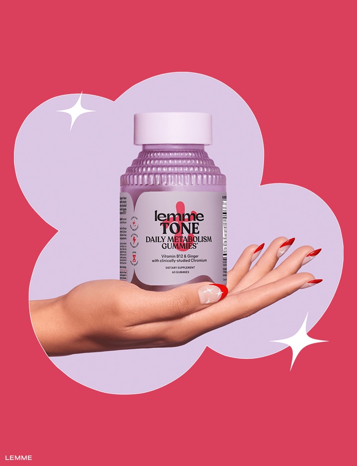Model hand holding a container of Lemme TONE Daily Metabolism Gummies.