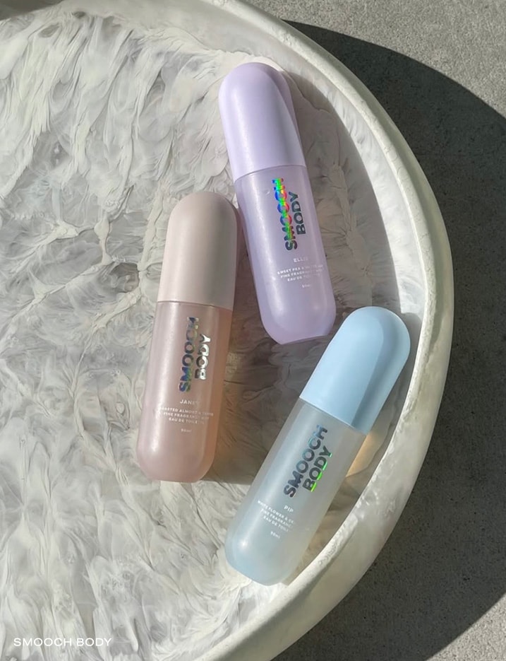 Variety of Smooch Body Fragrance Mist.