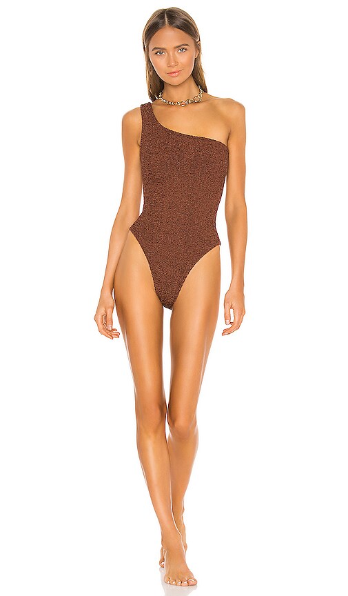 Hunza G Nancy One-shoulder Crinkle One-piece Swimsuit In Metallic Bronze