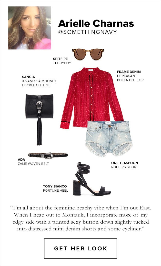 Arielle Charnas, Shop This Look, teddyboy glasses by spitfire, le peasant polka dot top by frame denim, roller short by one teaspoon, forune heel by bianco, zalie woven belt by A.D.A., X vanessa mooney buckle clutch by Sancia