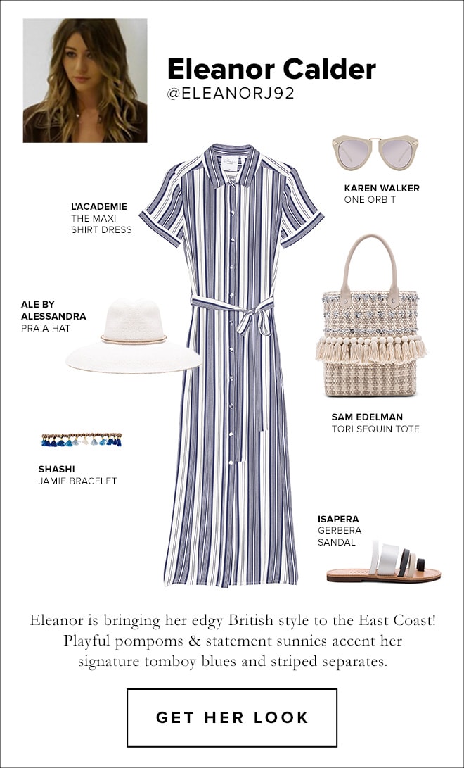 Eleanor Calder, Shop This Look, one orbit by karen walker, tori sequin tote by sam edelman, gerbera sandal by isapera, jamie bracelet by shashi, praia hat by ale by alessandra, the maxi shirt dress by L'academie