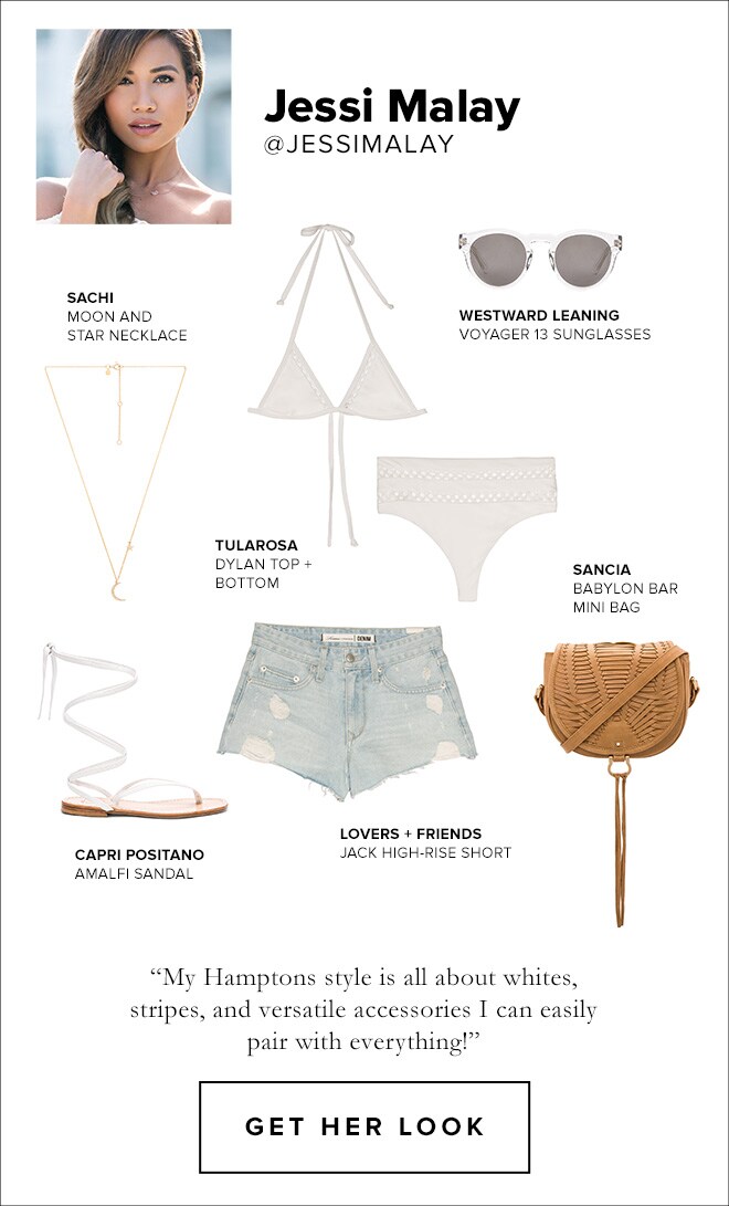 Jessi Malay, Shop This Look, voyager 13 sunglasses by westward leaning, babylon bar mini bag by sancia, jack high-rise short by lovers + friends, amalfi sandal by capri positano, dylan top + bottom by tularosa, moon and star necklace by sachi