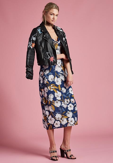 Embroidered Faux Leather Jacket