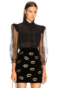GIVENCHY GIVENCHY SILK GEORGETTE LACE SLEEVE BLOUSE IN BLACK