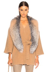 SALLY LAPOINTE SALLY LAPOINTE CASHMERE SILK BOUCLE WRAP CARDIGAN WITH FOX FUR STOLE IN BROWN,NEUTRAL