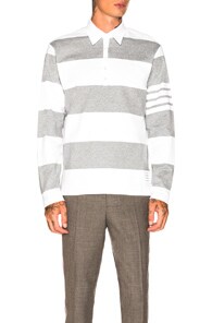 THOM BROWNE THOM BROWNE RELAXED FIT LONG SLEEVE POLO IN GRAY,STRIPES,WHITE