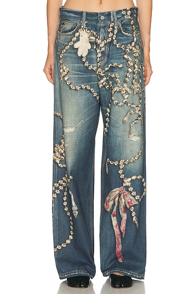 Acne Studios Womens Mid Blue Graphic-print Wide-leg Denim Jeans