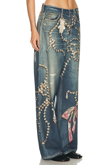 Acne Studios Womens Mid Blue Graphic-print Wide-leg Denim Jeans