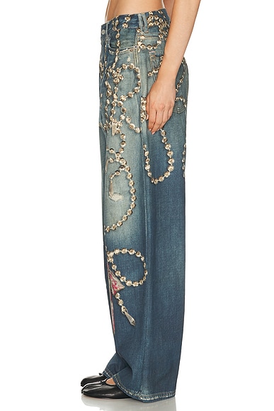 Acne Studios Womens Mid Blue Graphic-print Wide-leg Denim Jeans