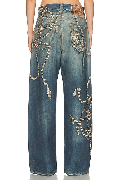 Acne Studios Womens Mid Blue Graphic-print Wide-leg Denim Jeans