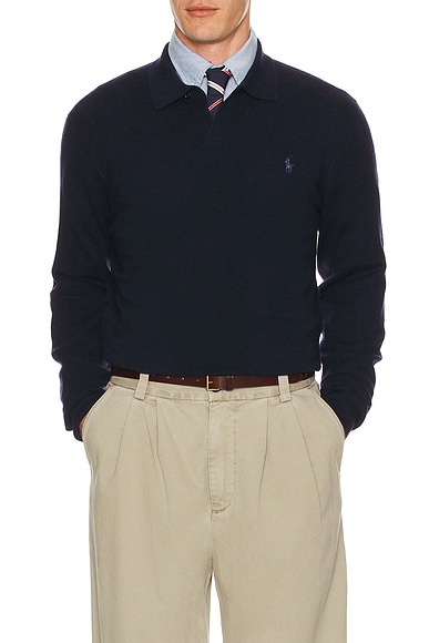 Image of Polo Ralph Lauren Lux Merino Johnny Collar Sweater in Hunter Navy - Navy. Size XL/1X (also in S, XXL/2X).