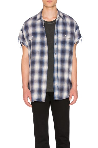 R13 R13 Oversized Cut Off Shirt in Blue, Checkered & Plaid. 