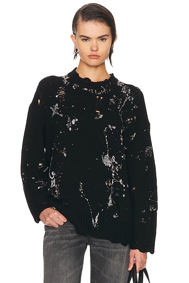 Image of R13 Distressed Oversized Crystal Pin Sweater in Black - Black. Size L (also in M, XS, S).