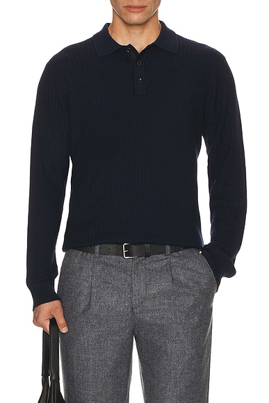 Image of Rag & Bone Crawford Cashmere Blend Long Sleeve Polo in Navy - Navy. Size XL/1X (also in ).
