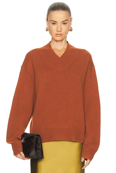 Image of SRG Doris Cashmere V-neck Sweater in Rust - Rust. Size L (also in XS, S, M, XL).