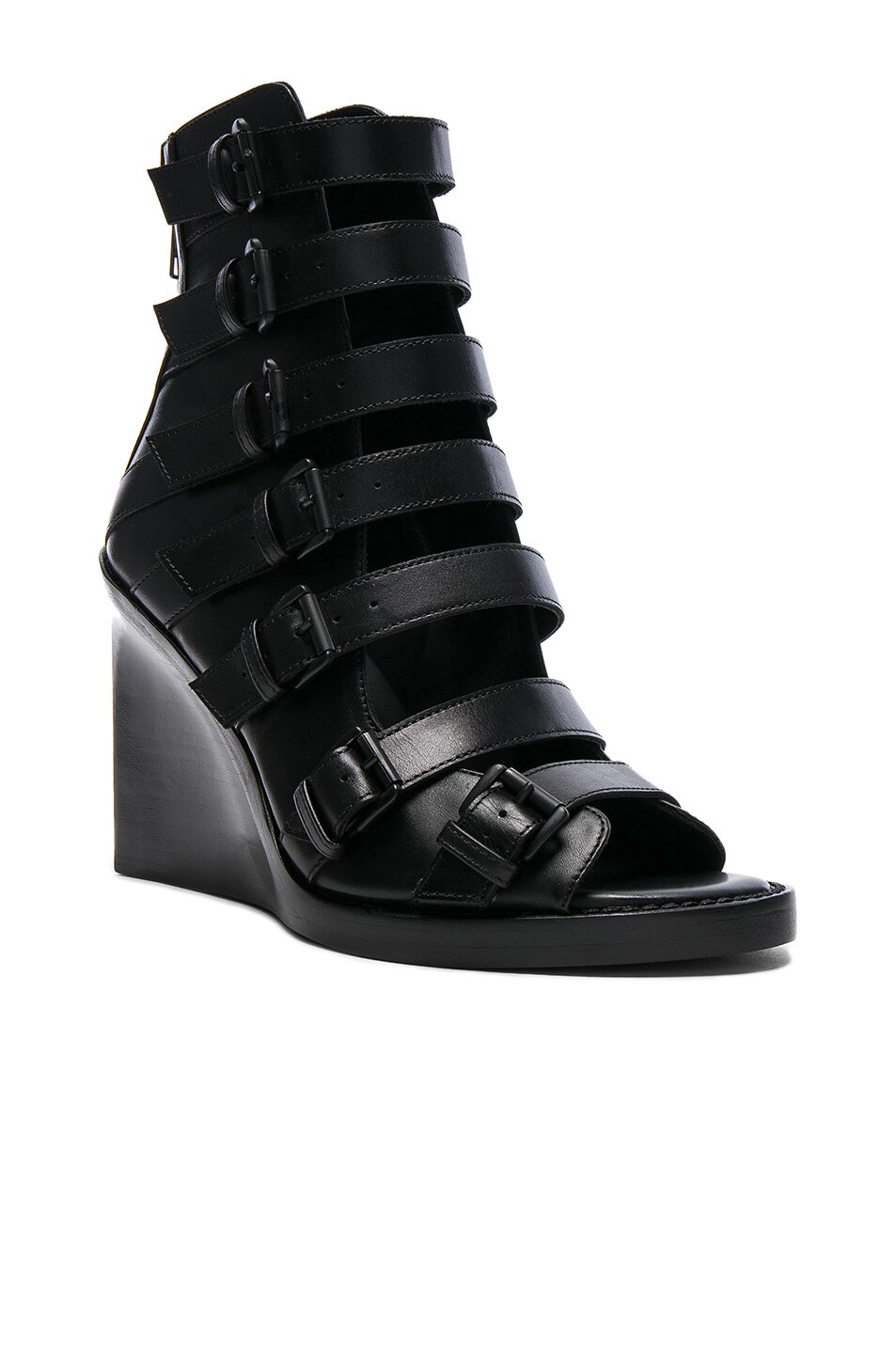 ANN DEMEULEMEESTER Buckled Leather Wedge Sandals, Black & Black | ModeSens