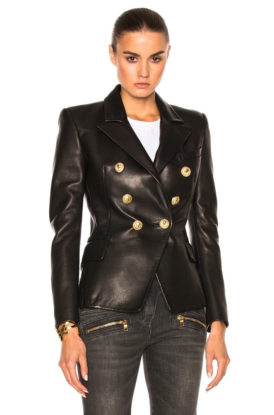 BALMAIN Six-Button Double-Breasted Leather Jacket in Black | ModeSens