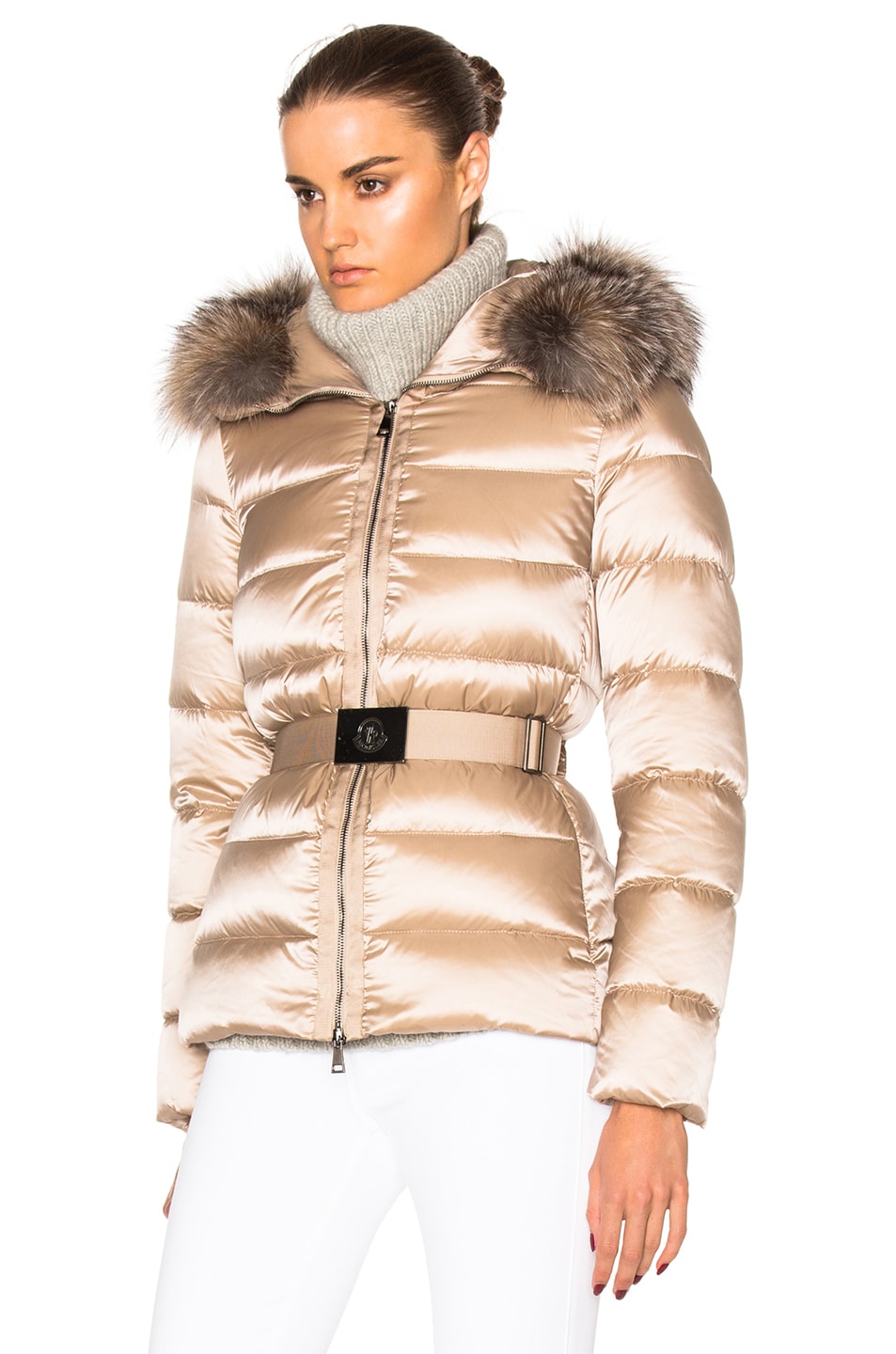 MONCLER Tatie Down Jacket With Fox Fur in Taupe | ModeSens