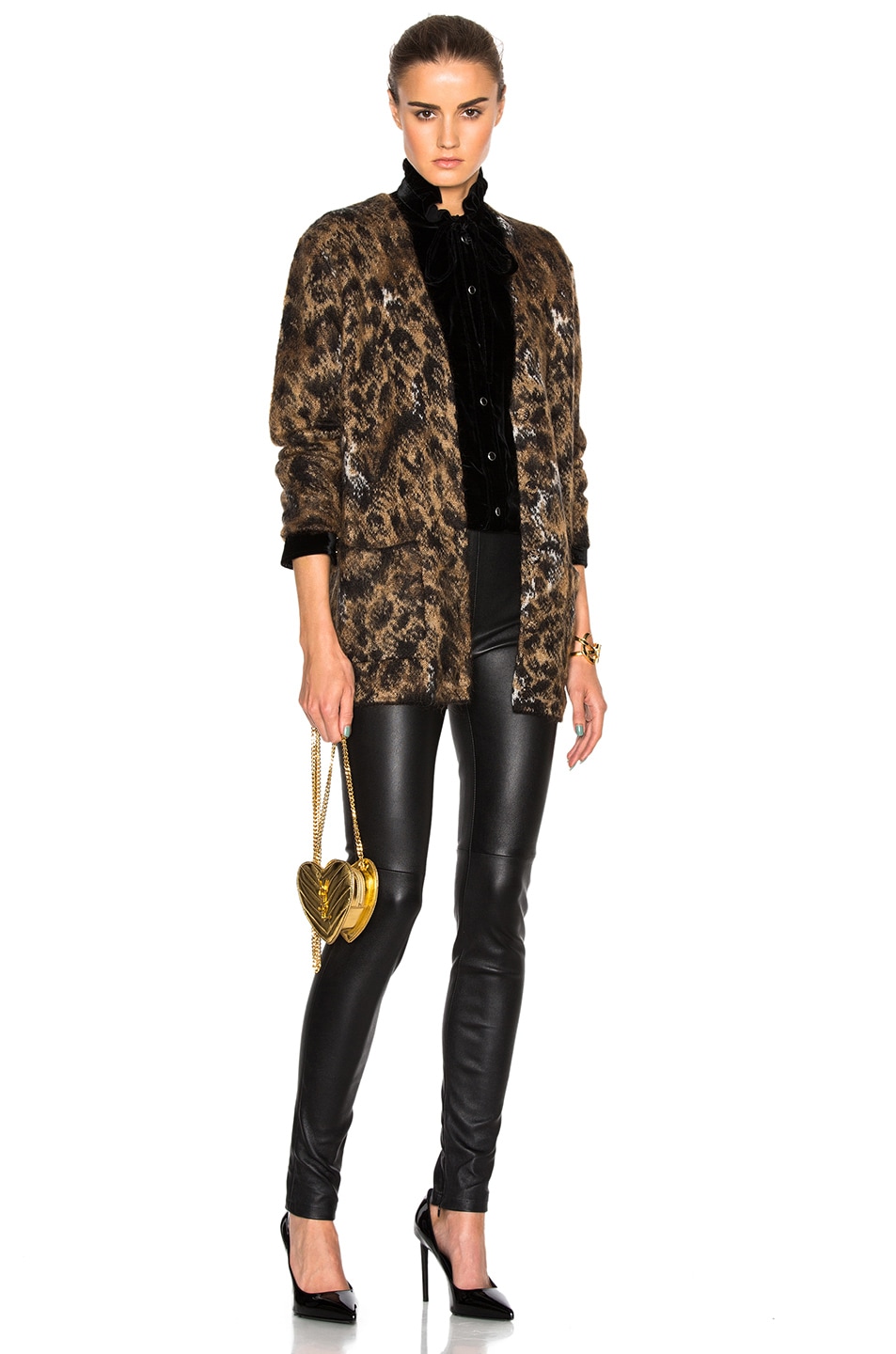 Saint Laurent Leopard Mohair Jacquard Cardigan Beige Brown Black And Natural Modesens