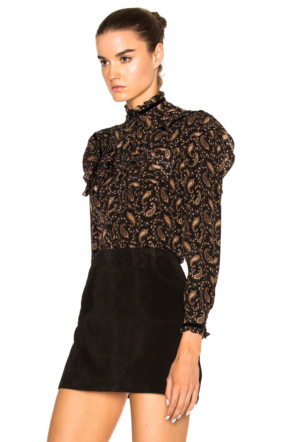 SAINT LAURENT 70'S Folk Blouse In Black And Gold Paisley Printed Silk ...