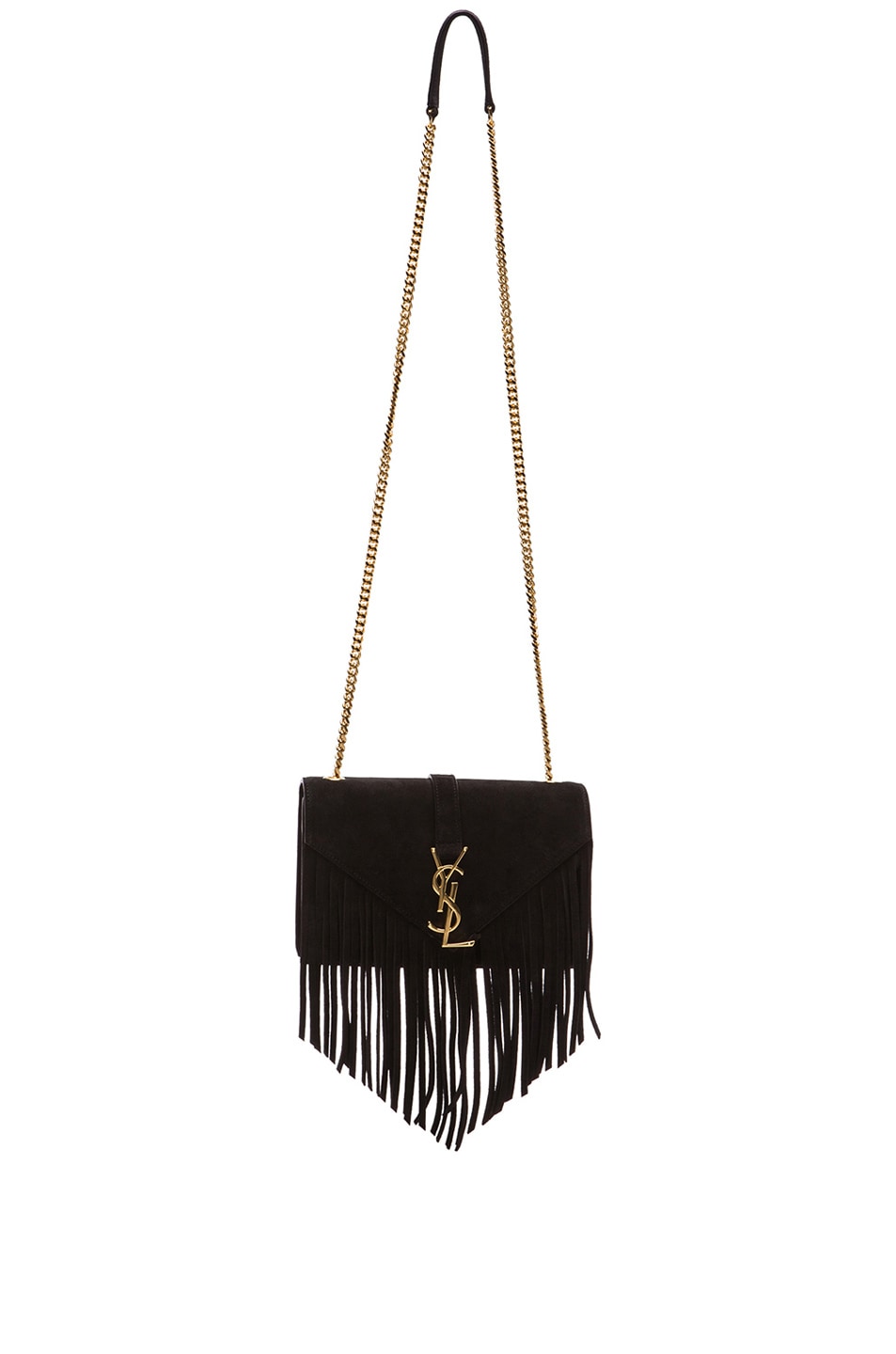 Saint Laurent Small Suede \u0026amp; Fringes Monogram Chain Bag in Black | FWRD