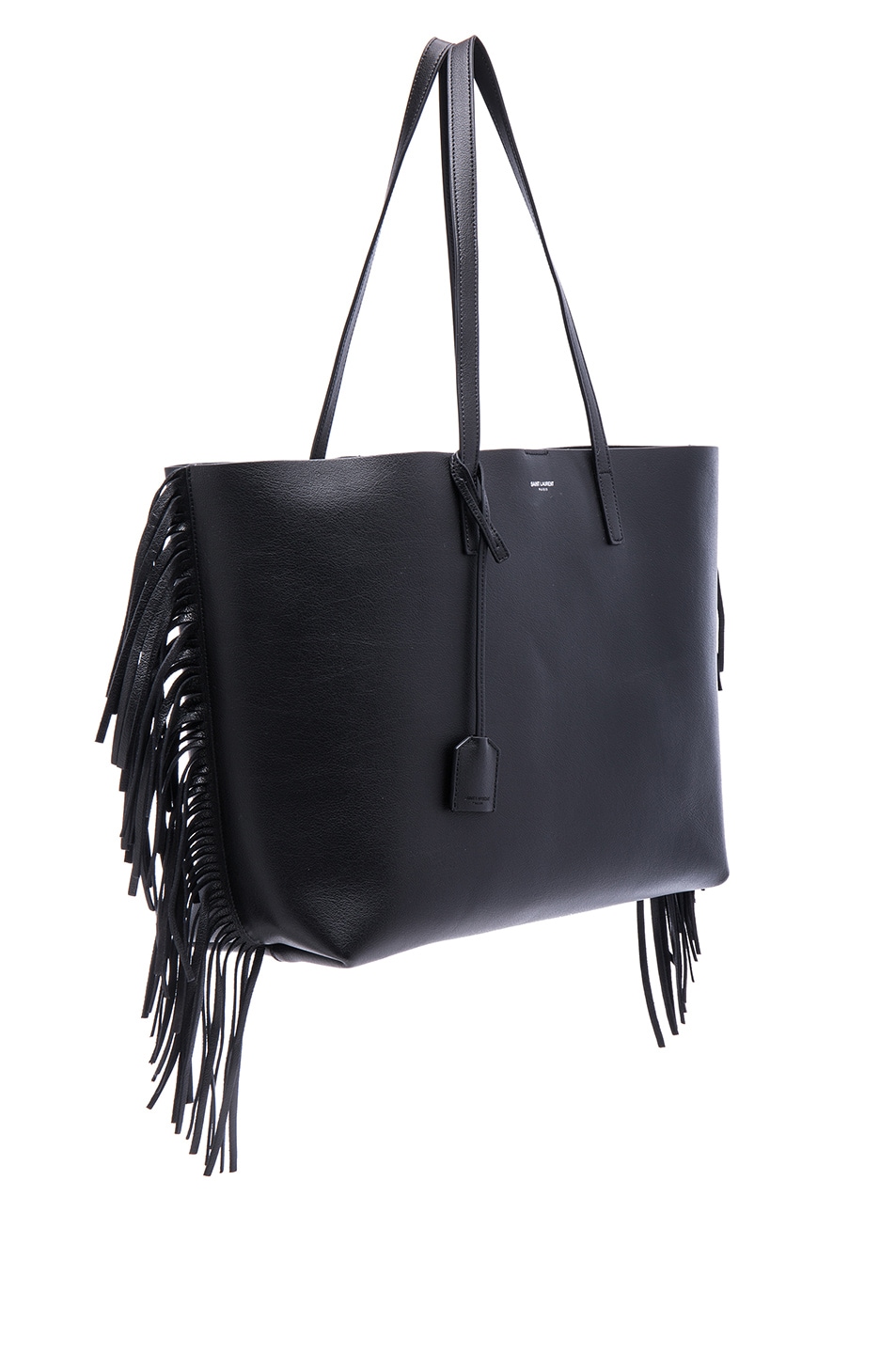 SAINT LAURENT Large Shopping Fringed Tote Bag In Black Leather