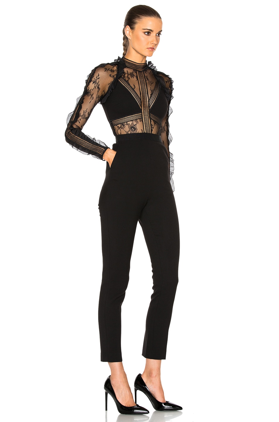 SELF-PORTRAIT Hall Lace-Panel Slim-Leg Jumpsuit in Black | ModeSens