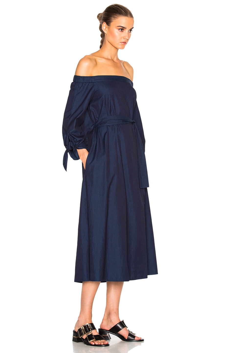 TIBI Midi Off Shoulder Dress With Belt In Blue. in Denim | ModeSens