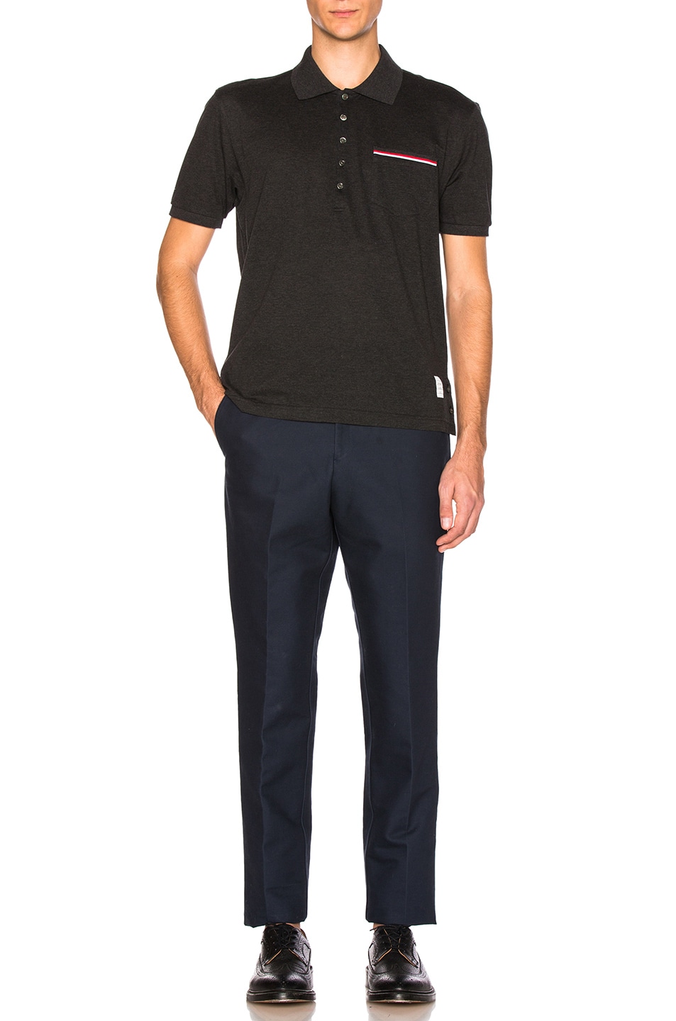 THOM BROWNE Short-Sleeve Pique Polo Shirt, Dark Gray | ModeSens