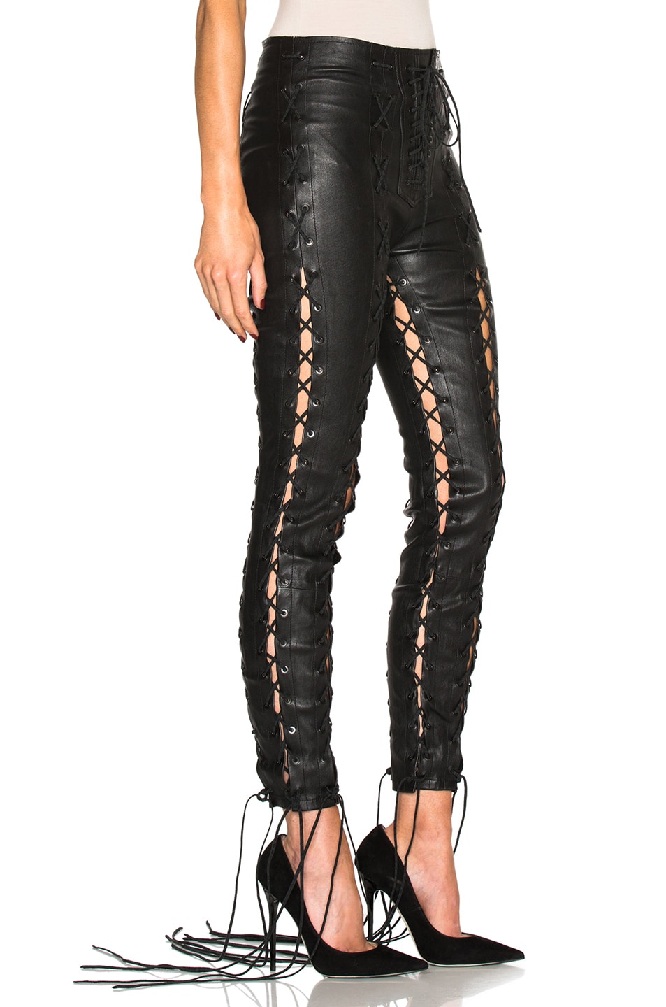 pink lace up leather pants