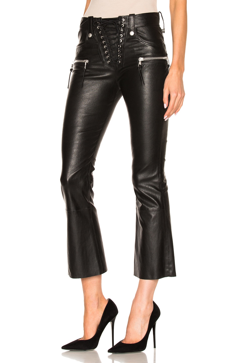 UNRAVEL Lace Front Crop Flare Leather Pants, Black | ModeSens