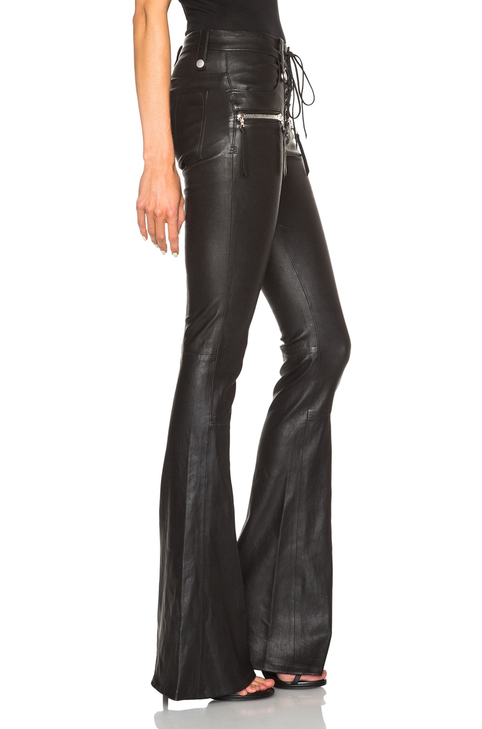 UNRAVEL Lace Front Flare Leather Pants in Black | ModeSens