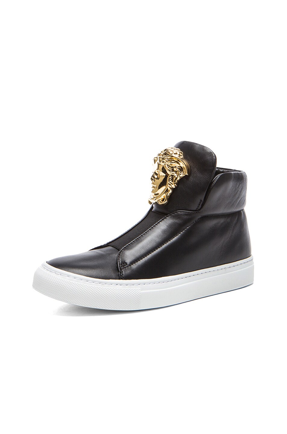 VERSACE Medusa Head Laceless Leather Sneakers In Black & Gold