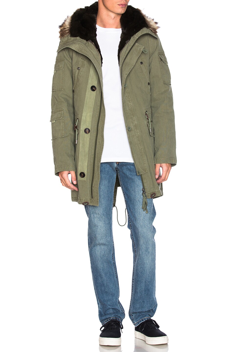 YVES SALOMON Canvas Parka With Natural Rabbit And Coyote Fur, Green ...