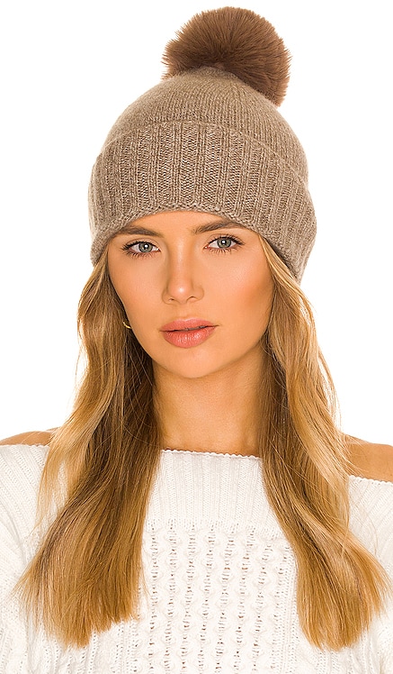 Cashmere Slouchy Cuff Beanie with Faux Fur Pom Hat Attack