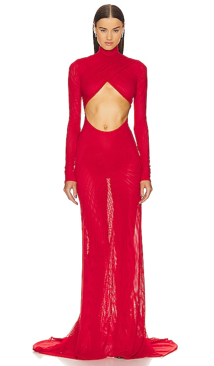 Red Long Sleeve Mock Neck Evening Gown With Front And Back Cutout LaQuan Smith