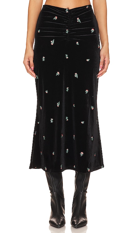 Embroidered Velvet Ruched Midi Skirt WeWoreWhat
