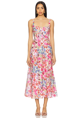 knee length dresses for ladies Calypso Blush Floral Bustier Linen Midi Dress