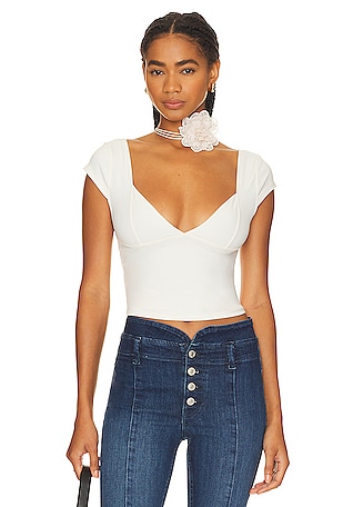 $60 Free People Women's Solid White Square Neck Short Sleeve Bodysuit Size  Small