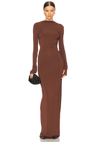 knee length dresses for ladies Hespera Port High-Neck Long-Sleeve Gathered Maxi Dress – Club L London main image 1