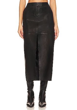 Basque Faux Leather A Line Midi Skirt In Black