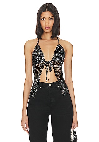 Black & Silver-toned Embellished Sequined Crop Top at Rs 299.00