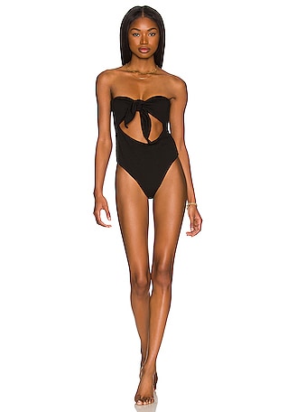 Skirted Bandeau One-Piece Swimsuit in Black Beauty