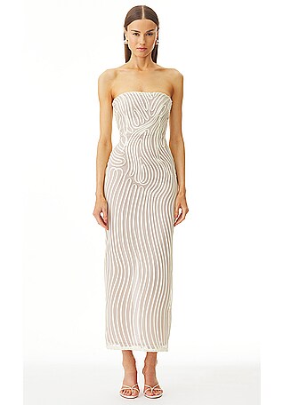 Aaliya Midi Dress - Linen Look Strapless Slip Dress in Off White